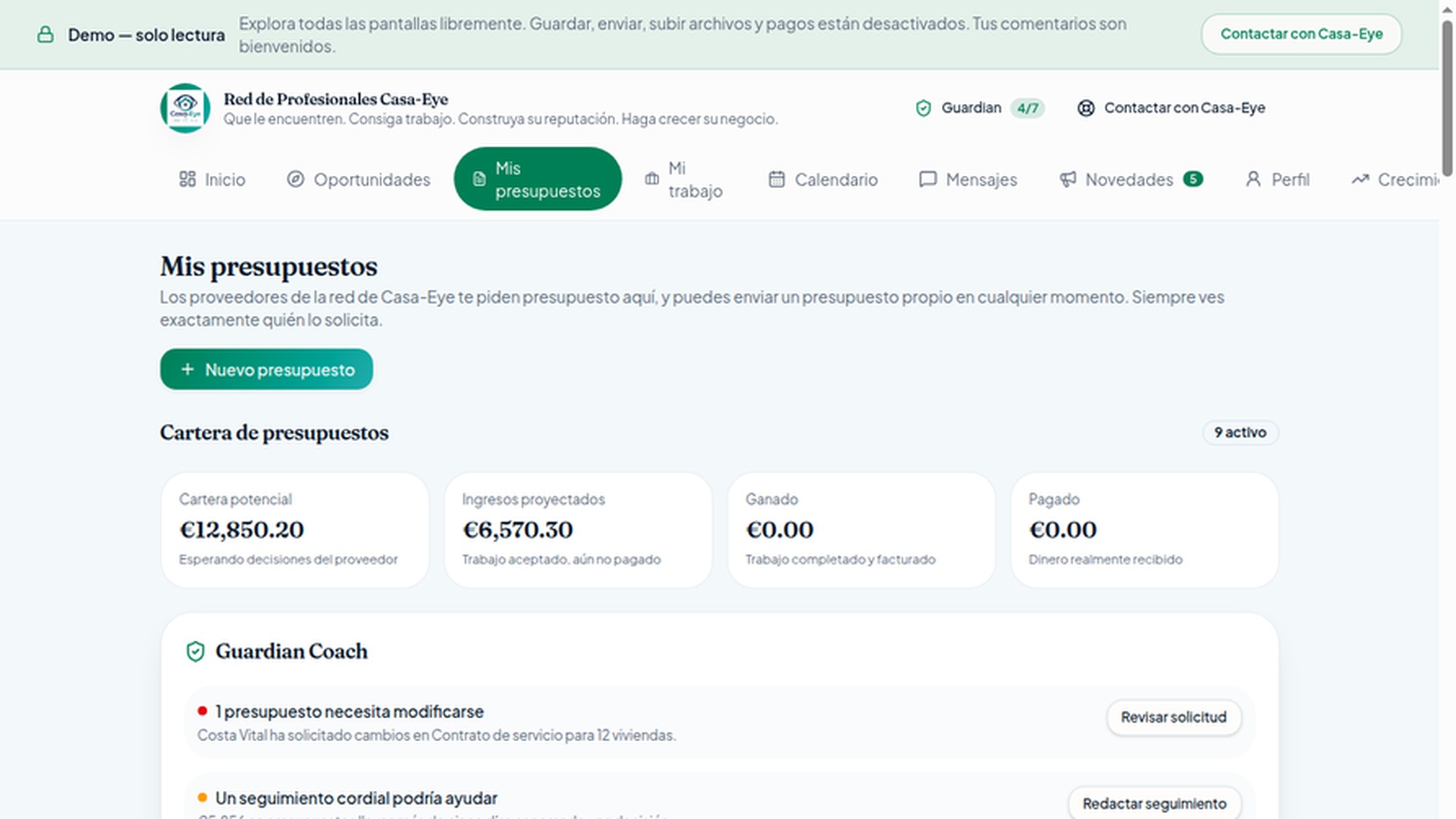 Flujo de presupuesto con una solicitud y su contexto de propiedad y alcance