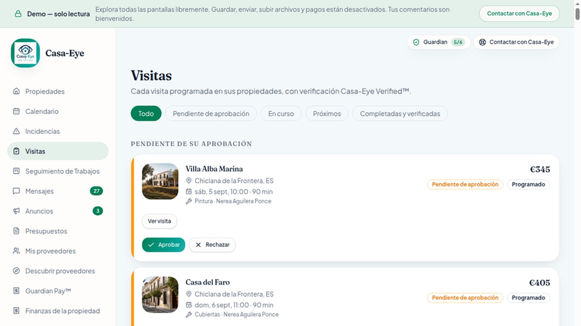 Registro de visita verificada con horas y fotos del trabajo