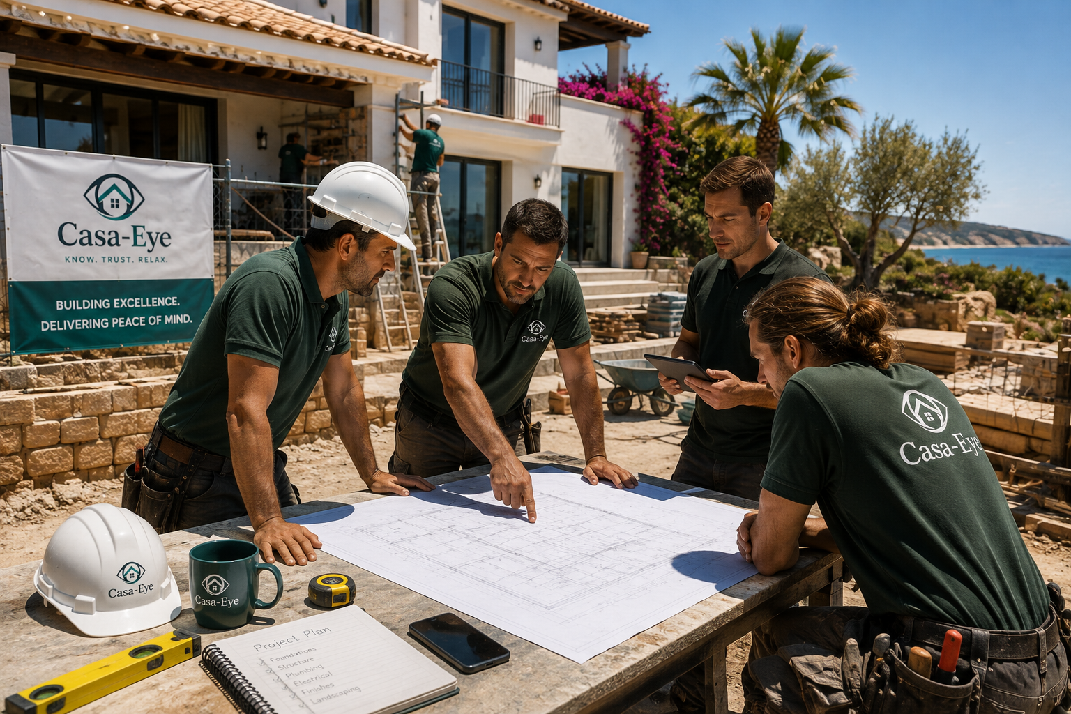 Casa-Eye professionals reviewing a project together at a Mediterranean villa
