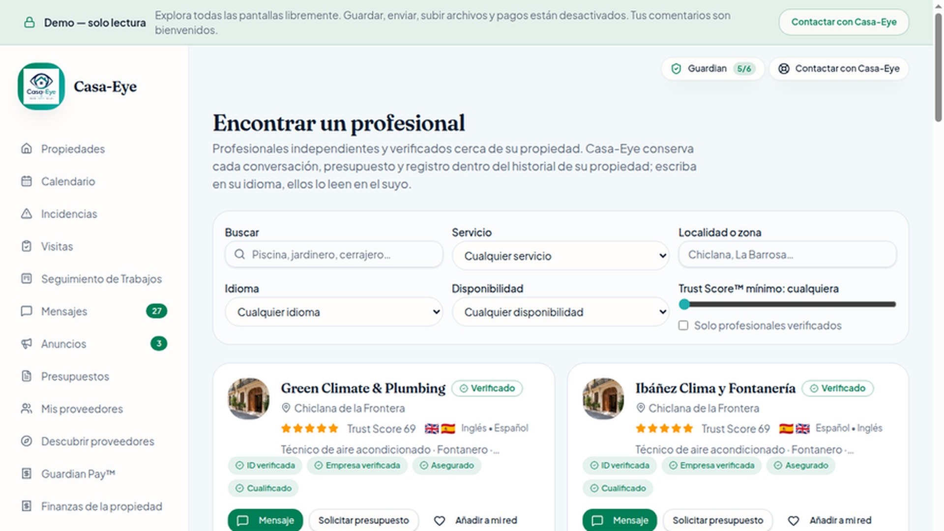 Red de confianza del propietario con los proveedores y profesionales conectados