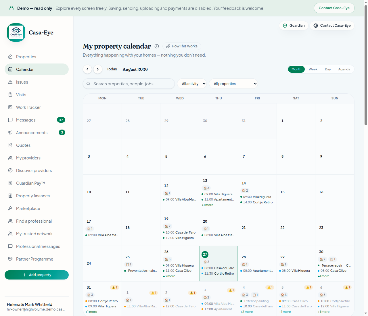 Owner calendar showing visits, work and Guardian attention points for the week