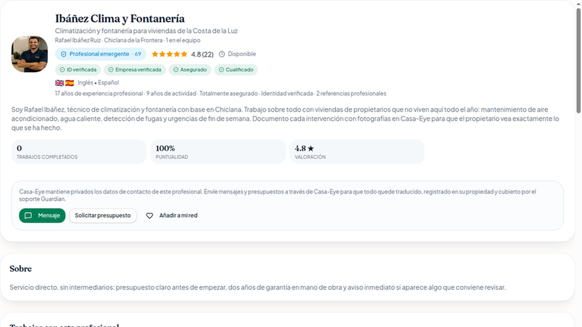 Perfil profesional con servicios, zona de trabajo y credenciales
