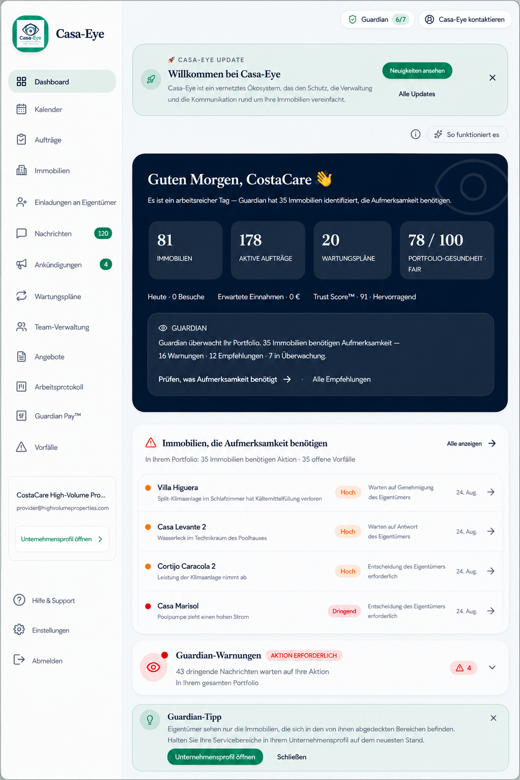 Casa-Eye Dashboard auf Deutsch