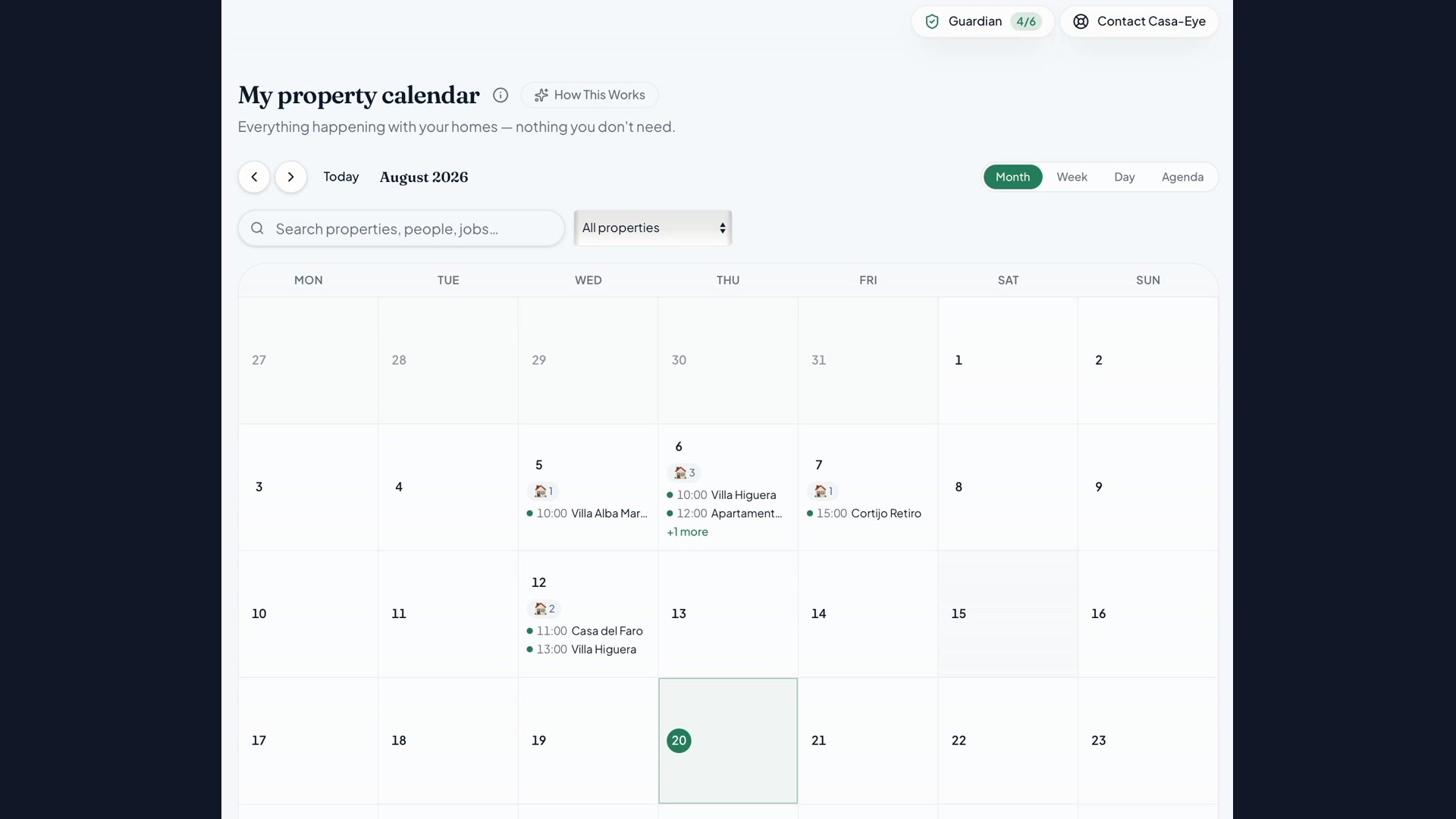 Calendario del propietario con las visitas, los trabajos y los avisos de Guardian de la semana