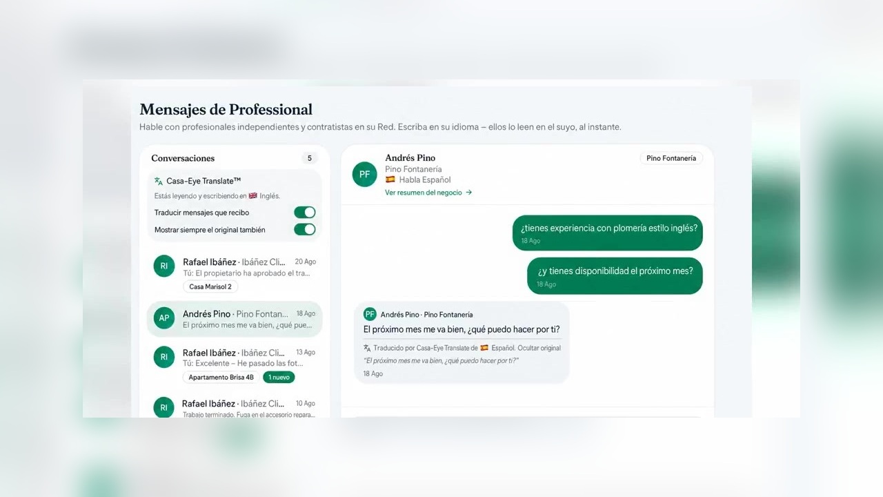 Conversación traducida entre el equipo del proveedor y un propietario