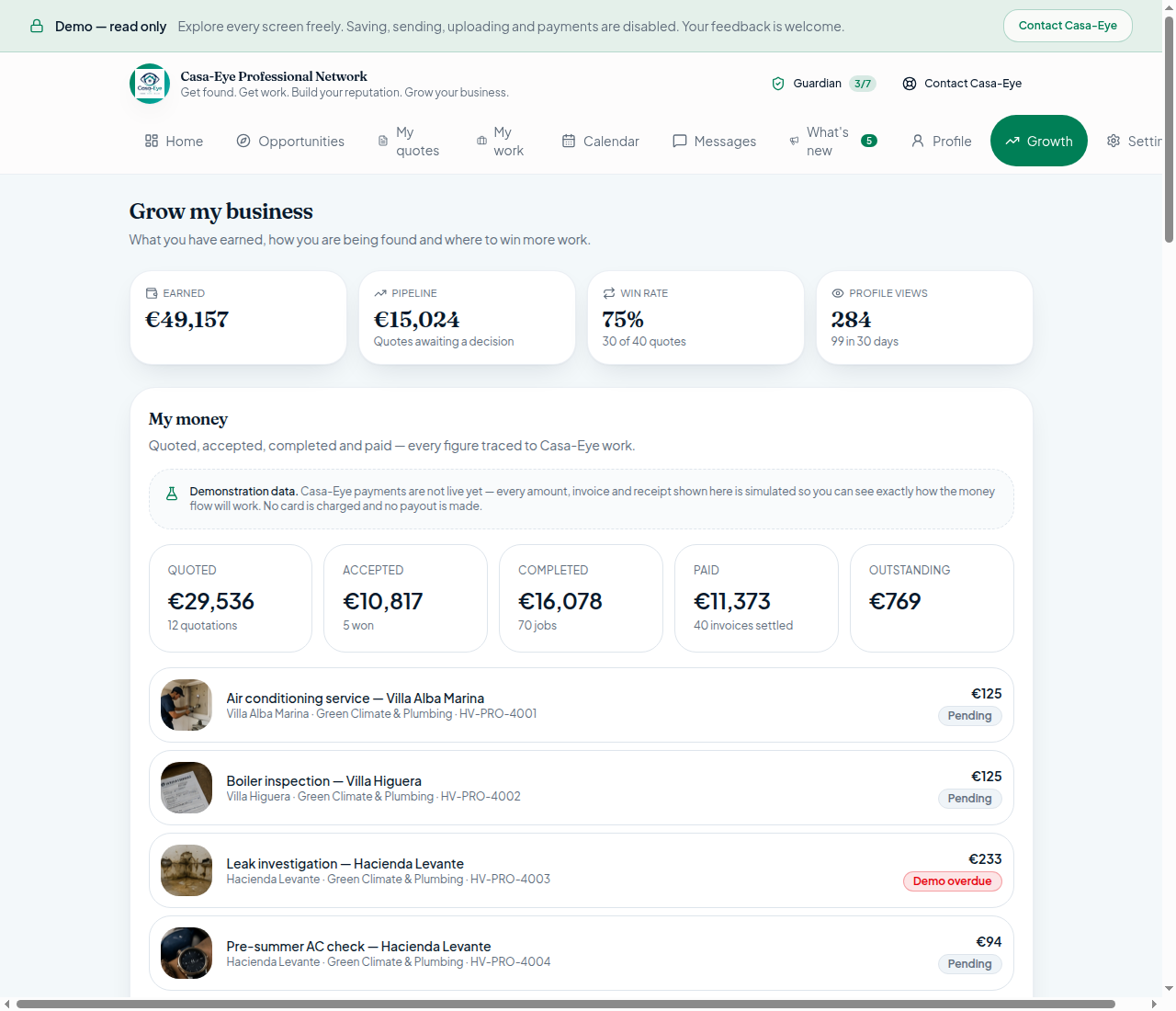 Professional growth view showing reviews, service history and Trust Score