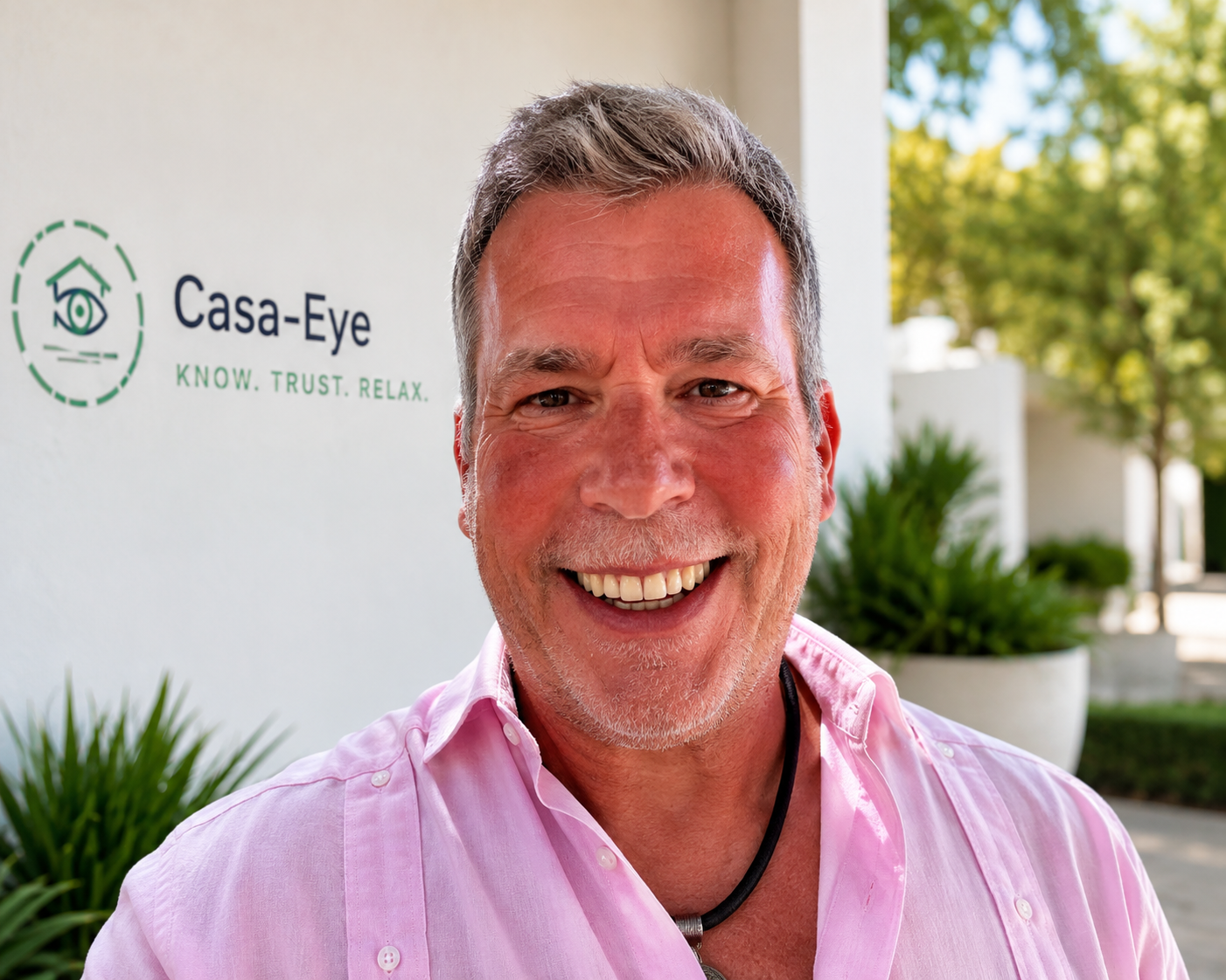 Der Gründer von Casa-Eye neben dem Casa-Eye-Schild