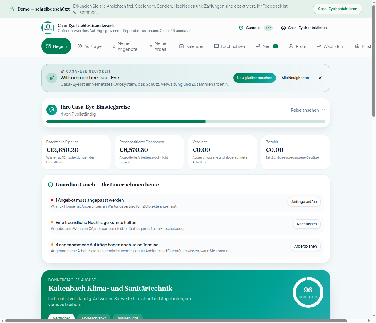 Fachkraft-Dashboard mit den Aufträgen, Antworten und nächsten Schritten des Tages