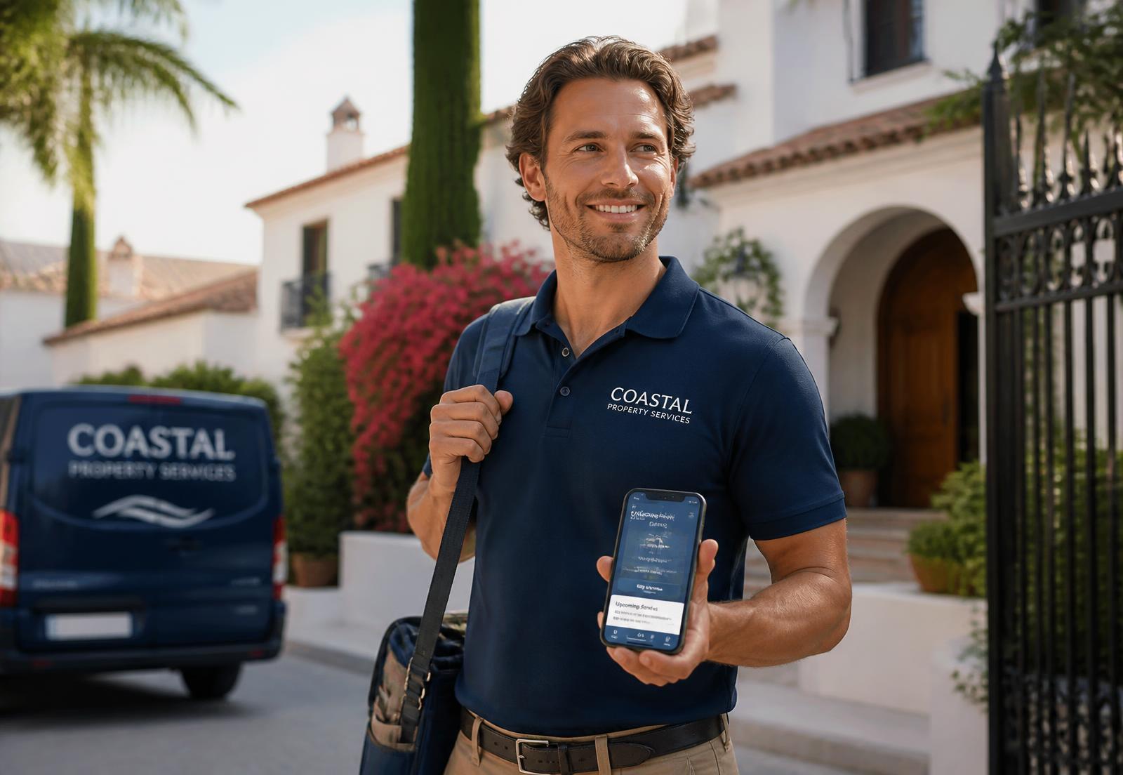Property service professional arriving at a Mediterranean villa using Casa-Eye on their phone