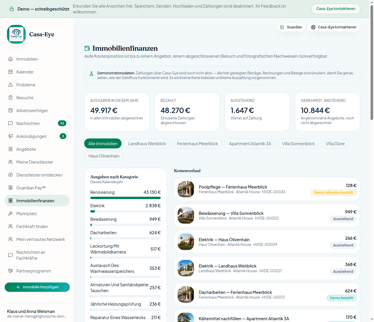 Angebots- und Finanzansicht mit Umfang, Kosten und Immobilienkontext