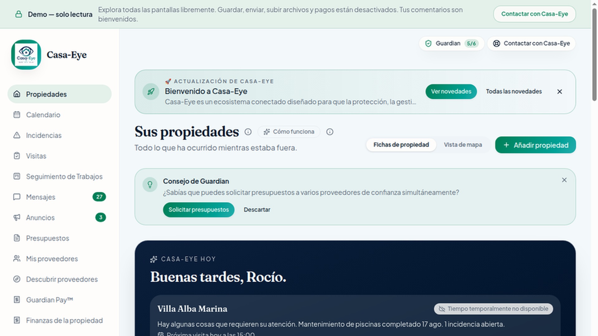 Vista del cartera de propiedades del propietario con las propiedades, su estado y los puntos de atención de Guardian