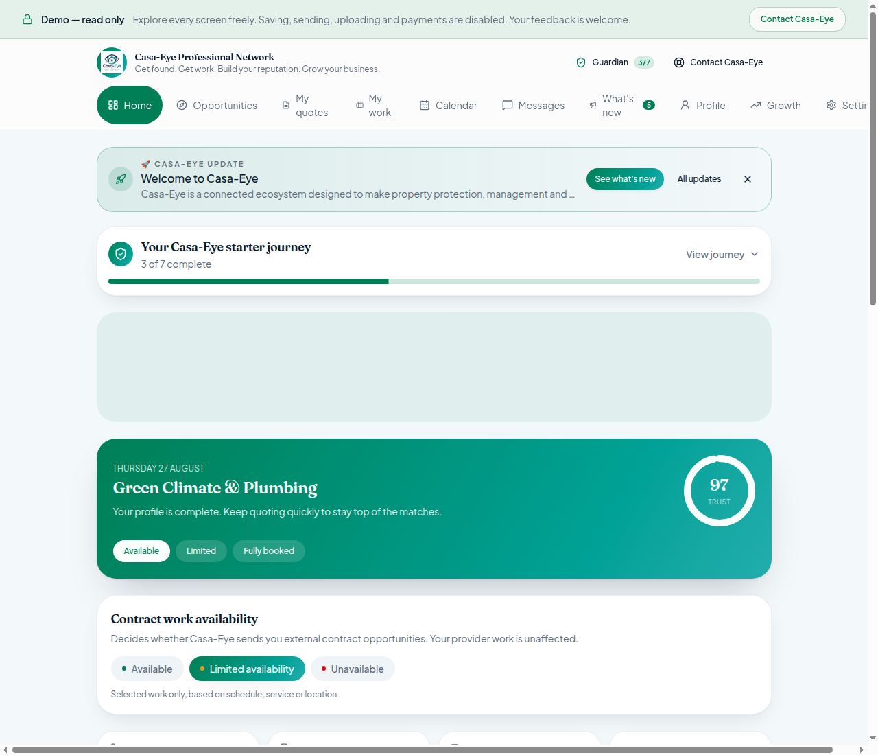 Professional dashboard showing today's jobs, responses and next actions