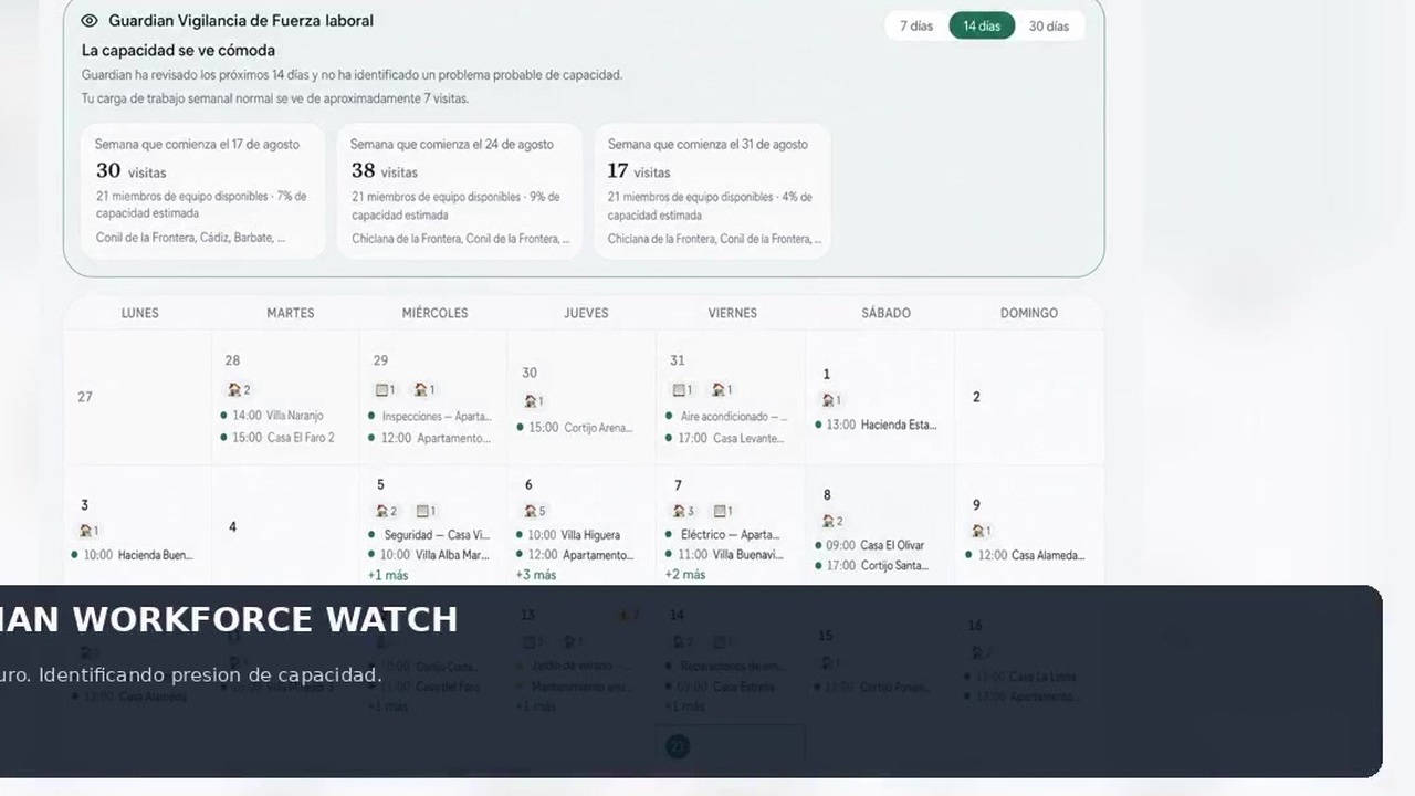 Planificador de capacidad con la disponibilidad del equipo y las visitas programadas