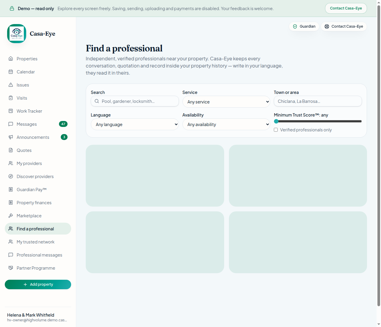 Owner trusted network showing connected providers and professionals