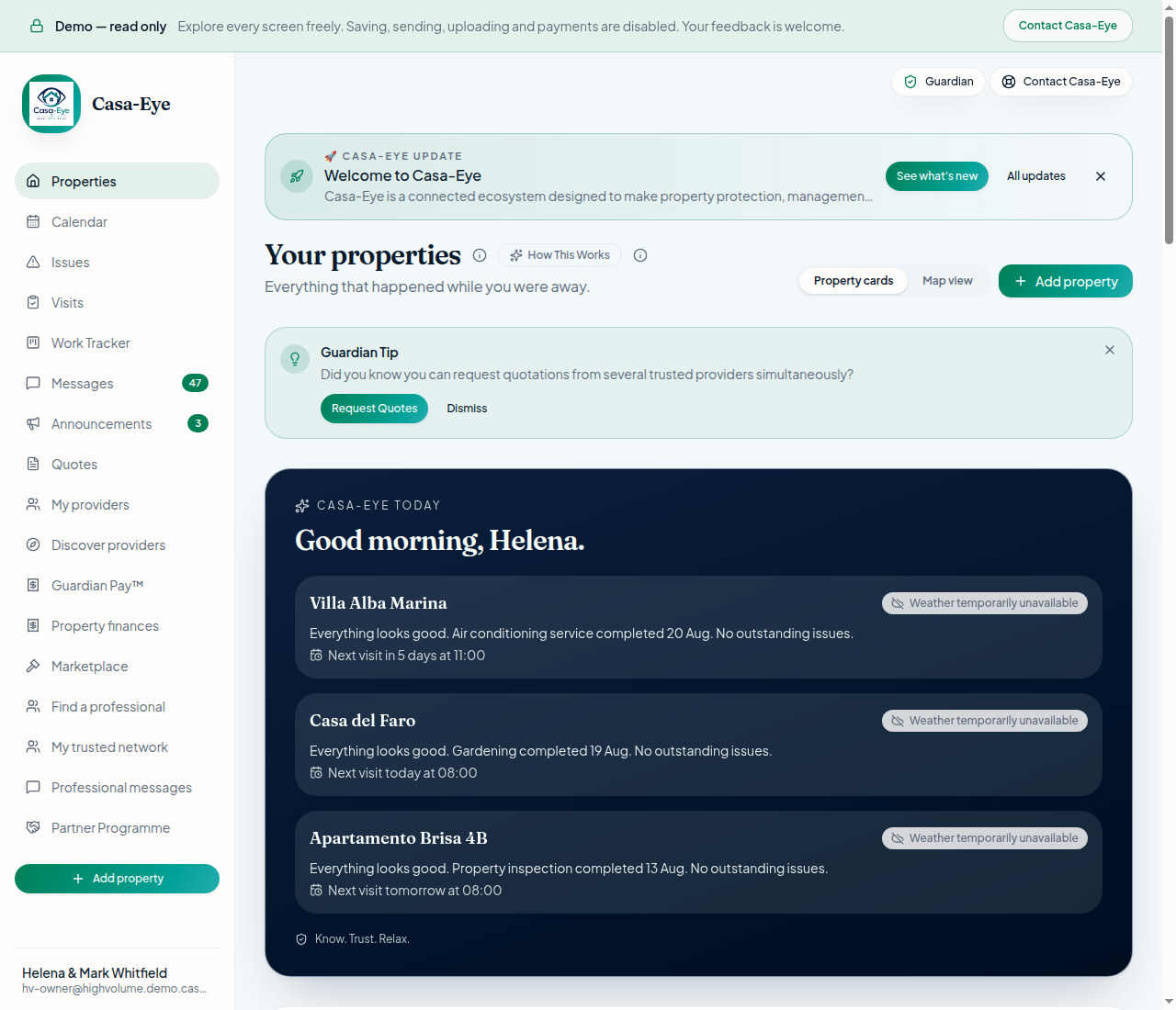 Owner portfolio view showing properties, their status and Guardian attention points