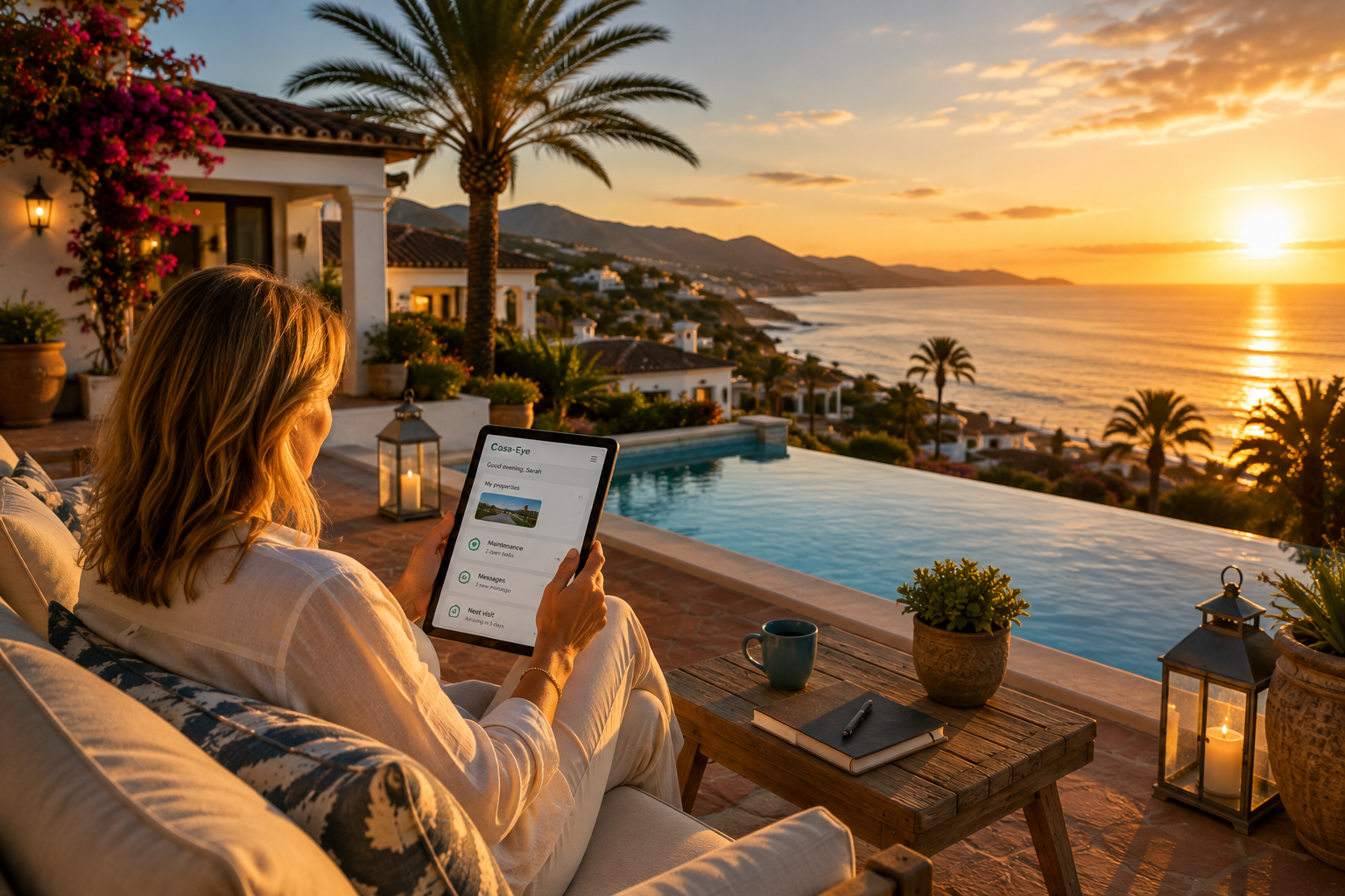 A holiday home owner relaxing on a Mediterranean terrace at sunset