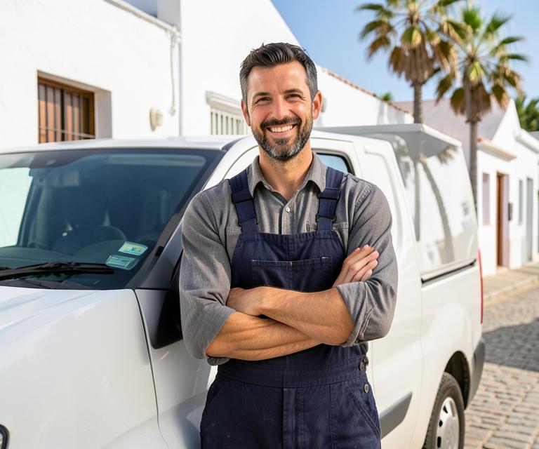 Ein lächelnder Handwerker in Arbeitskleidung vor seinem Lieferwagen in einer sonnigen andalusischen Straße