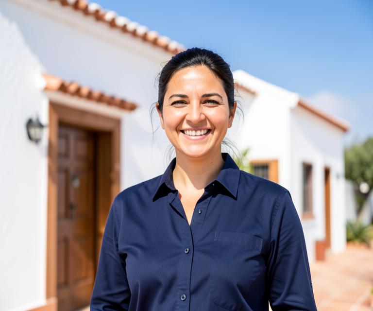 Eine Hausbetreuerin lächelt vor einer weiß getünchten andalusischen Villa