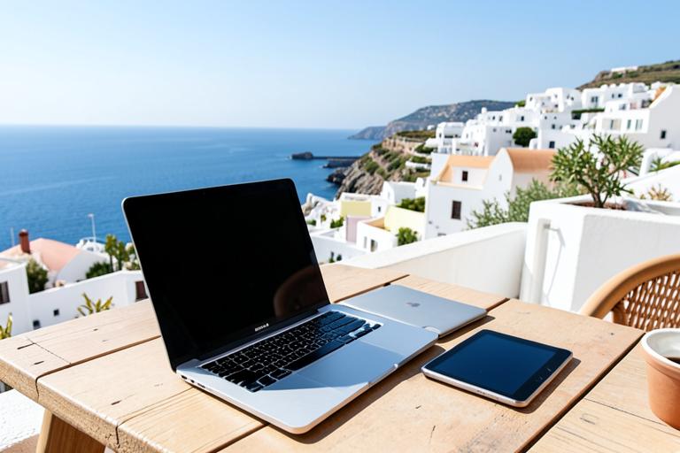 Laptop und Tablet auf einer Terrasse mit Meerblick