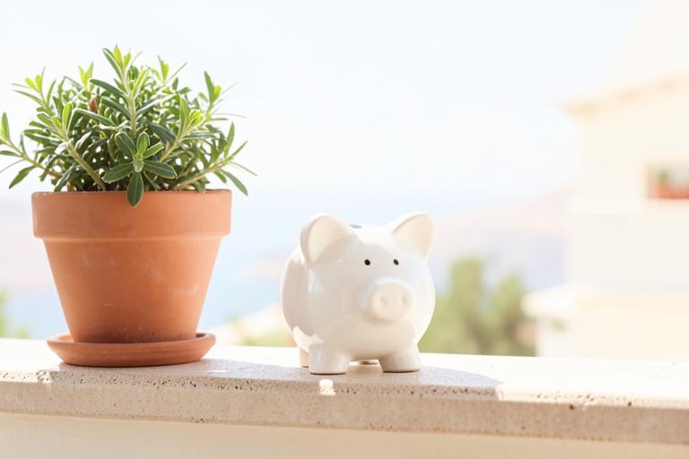 Ein Sparschwein auf einer sonnigen Terrassenbrüstung